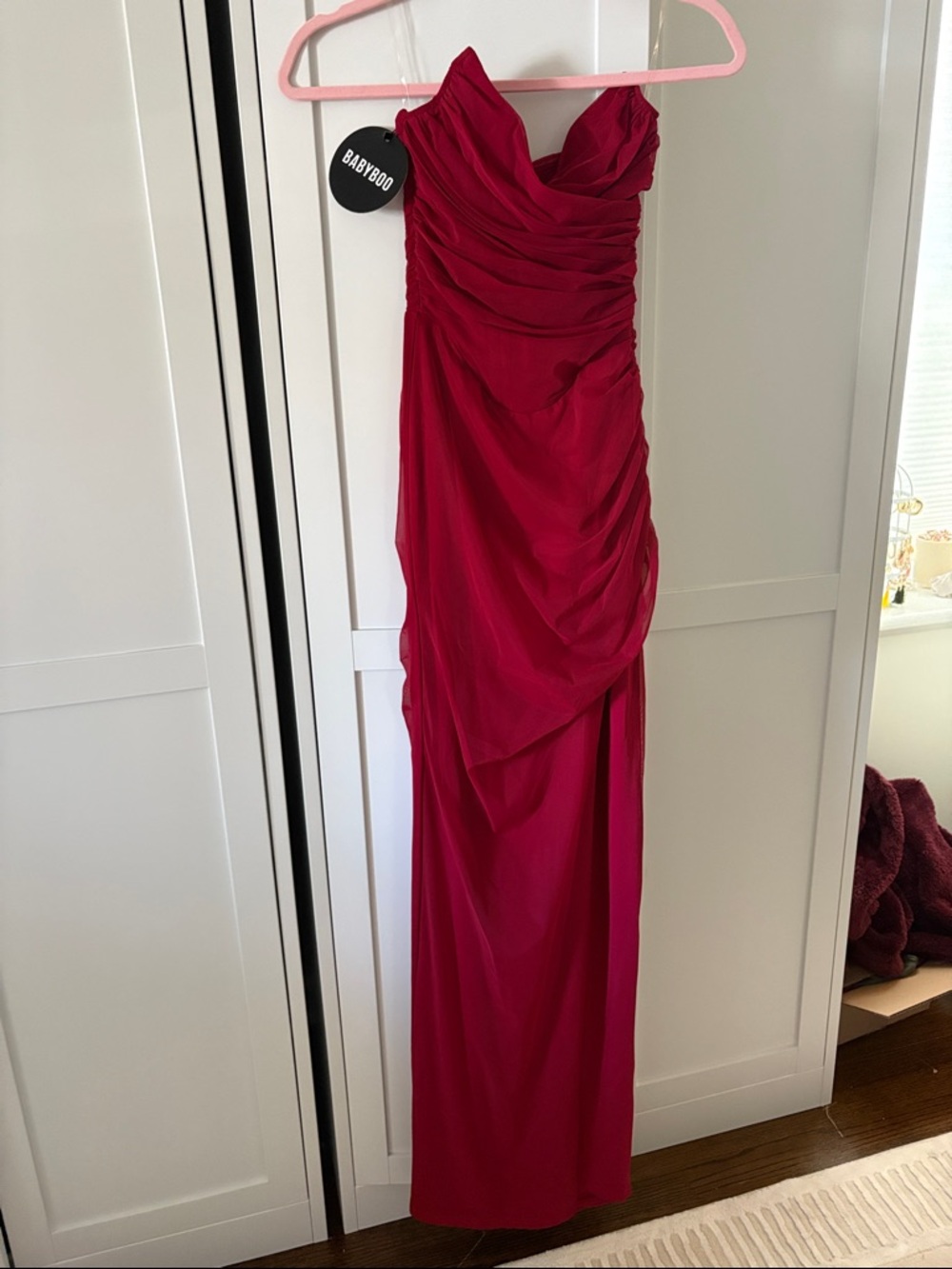 Strapless Ruched Evening Gown in Deep Red by BABYBOO